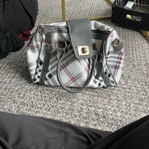 Gray Plaid Women's Satchel Bag with Gold Hardware